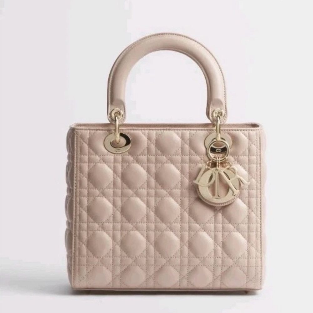 🌸100% Authentic Dior Lady Dior Medium Beige-Lambskin Top Handle Crossbody Bag 🌸